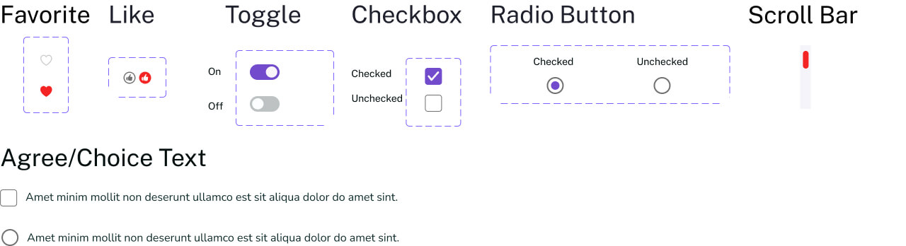 Example of toggle, checkbox and radio buttons