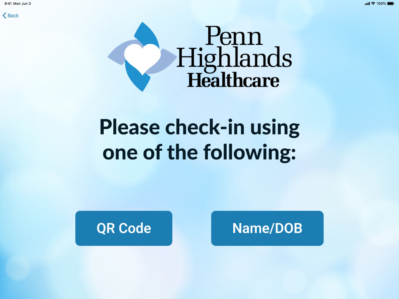 log in screen